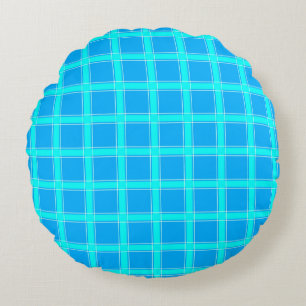 Neon blue bright checked pattern round pillow