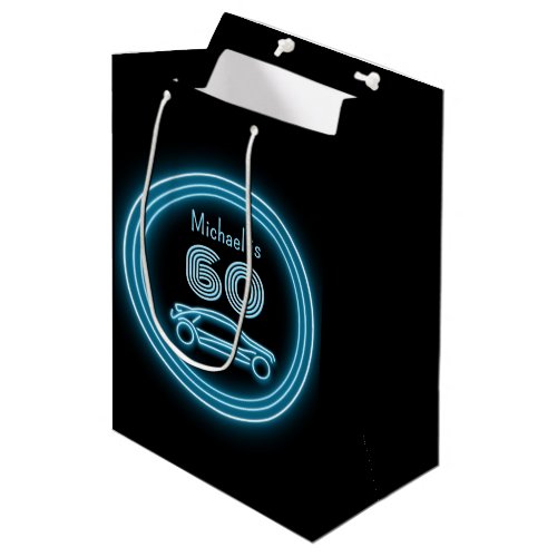 Neon Blue Car on Black _ Milestone Age _ Mans Medium Gift Bag