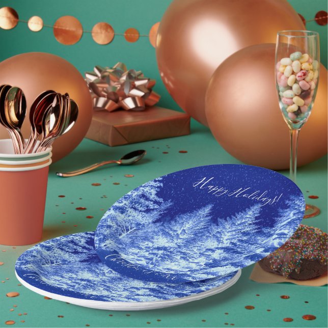 Neon Blue Christmas Tree Paper Plates (Multi)