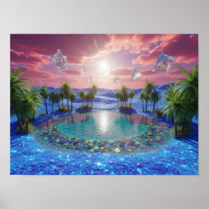 Neon Blue Desert and Floating Crystals Poster