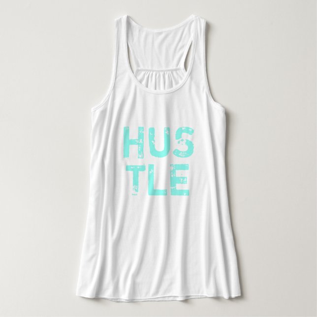 Neon Blue Distressed Lettering "Hustle" Workout Tank Top (Design Front)