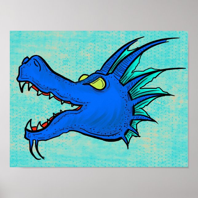 Neon blue dragon art head poster (Front)
