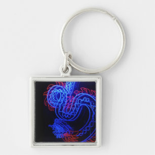 Neon Blue Dragon Black Background Bright Keychain