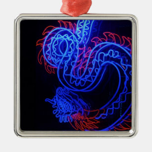 Neon Blue Dragon Black Background Bright Metal Ornament