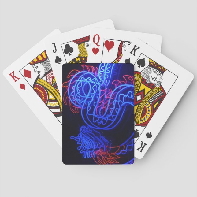 Neon Blue Dragon Black Background Bright Poker Cards (Back)