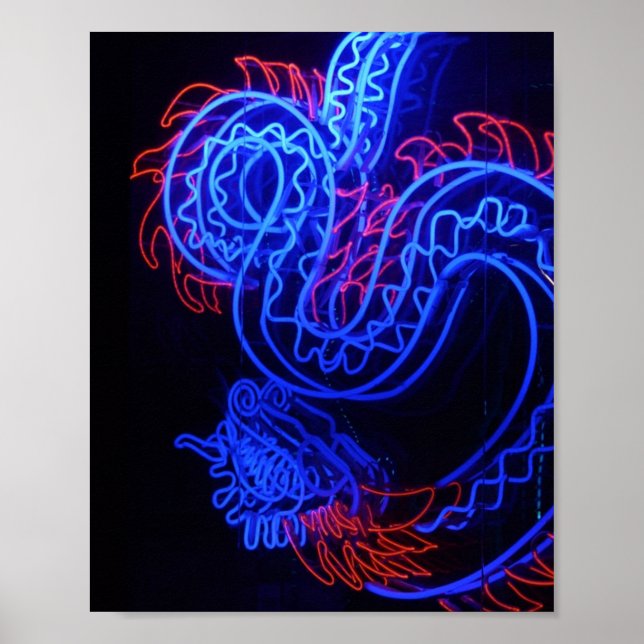 Neon Blue Dragon Black Background Bright Poster (Front)