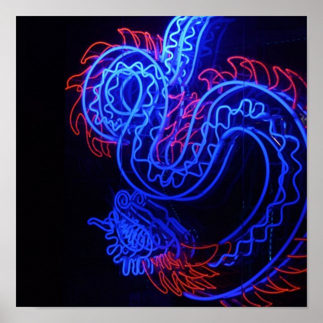 Neon Blue Dragon Black Background Bright Poster (Front)