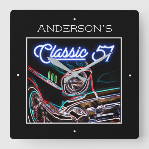Neon Blue Effect Chevy Classic 1957 Car Any Name  Square Wall Clock