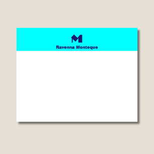Neon Blue Elegant Personalized Name Monogram Note Card