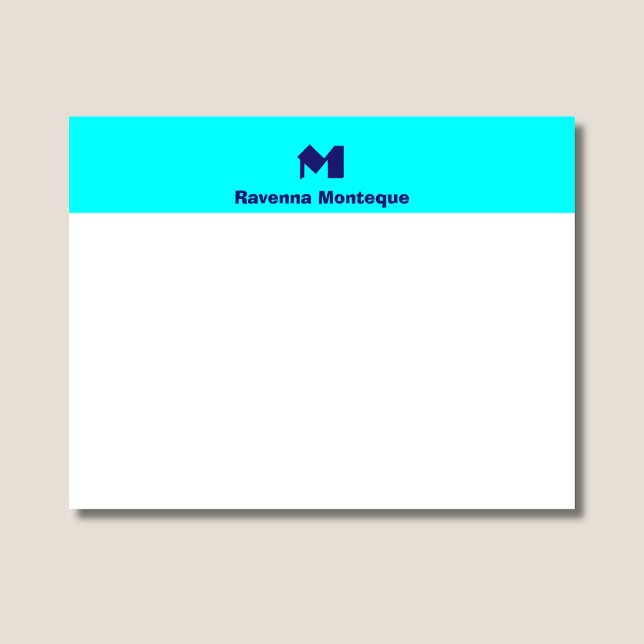 Neon Blue Elegant Personalized Name Monogram  Note Card (Creator Uploaded)