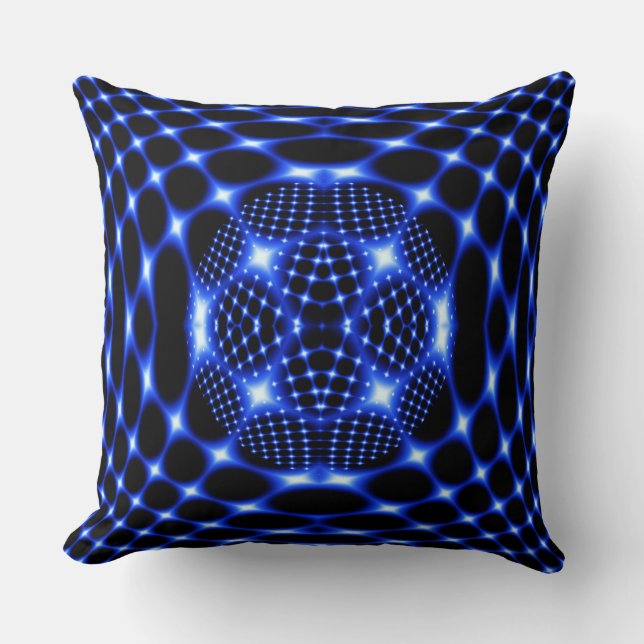 Neon blue globe fractal throw pillow (Front)