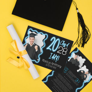 Neon Blue Glow Class of 2025 Photo Graduation Invitation