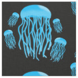 Neon Blue Glowing Jellyfish Black Background Fabric