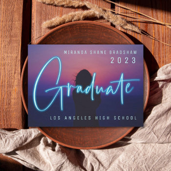 Neon Blue Graduate Photo Announcement by beckynimoy at Zazzle
