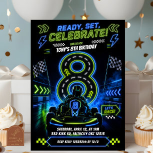 Neon Blue Green Boy Racing 8th Birthday Invitation