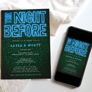 Neon blue green night before rehearsal dinner invitation