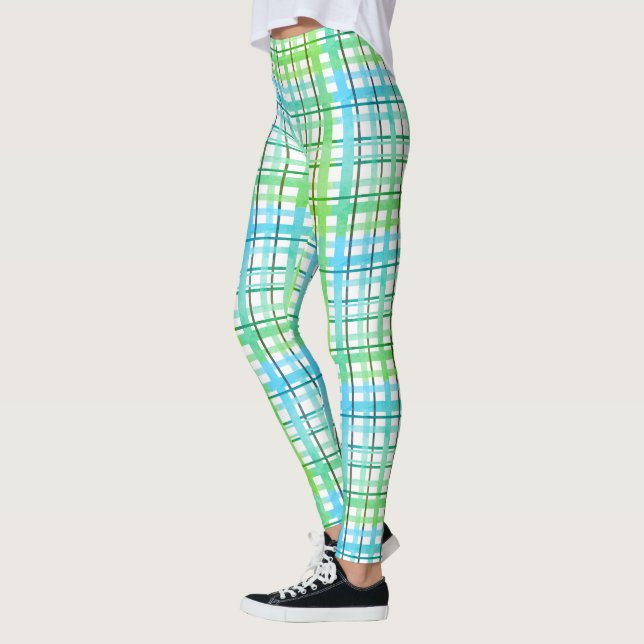 Neon Blue Green Plaid Leggings (Left)