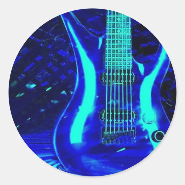 Neon blue guitar classic round sticker (Front)