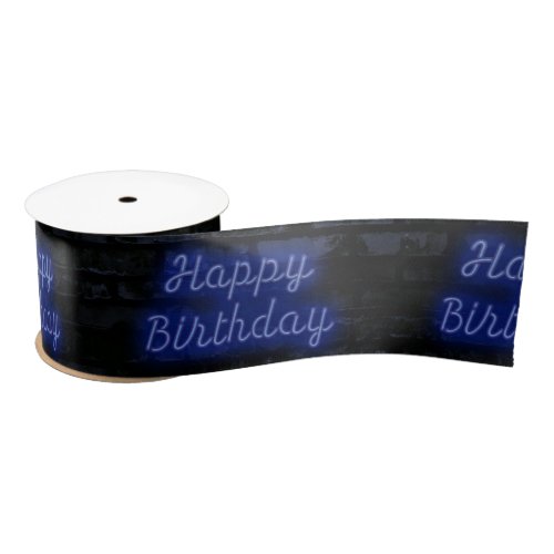 Neon Blue Happy Birthday On Brick Satin Ribbon