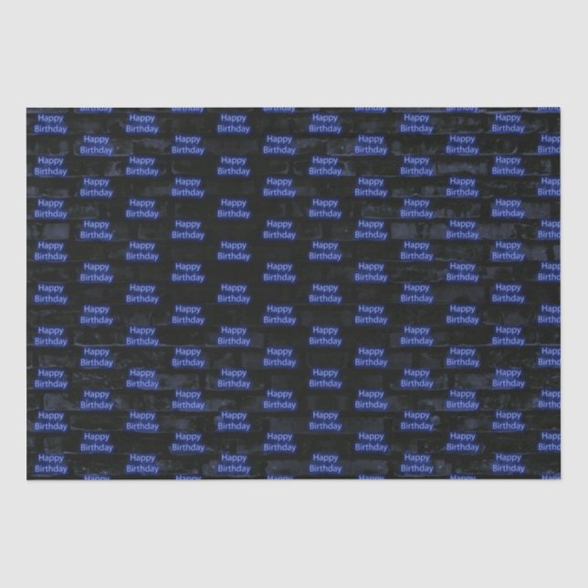 Neon Blue Happy Birthday On Brick Tissue Paper (Front)