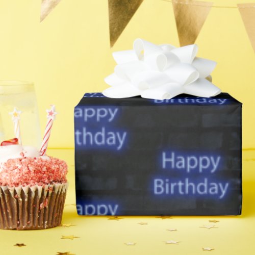 Neon Blue Happy Birthday On Brick Wrapping Paper