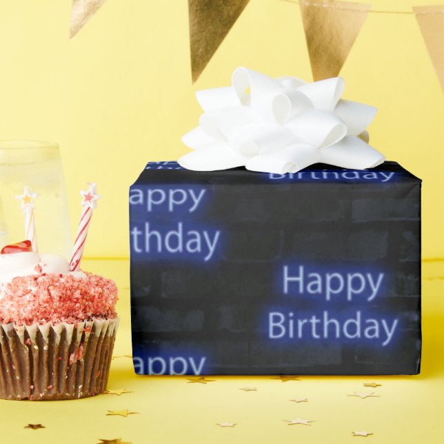 Neon Blue Happy Birthday On Brick Wrapping Paper (Birthday Party)