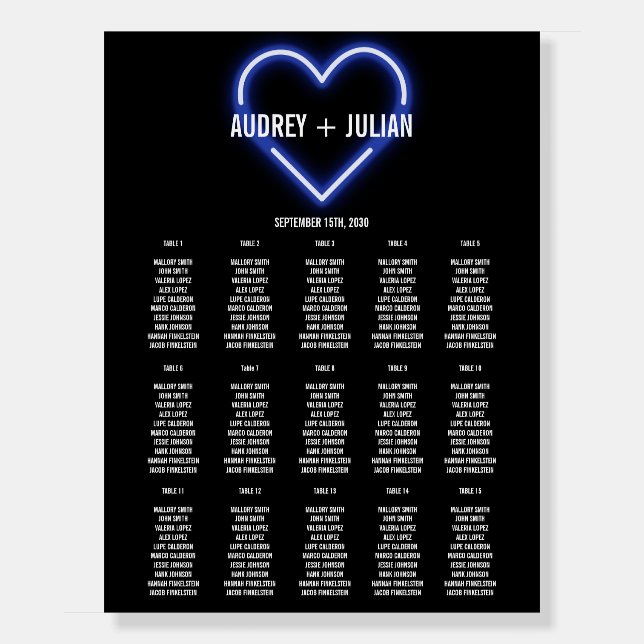 Neon Blue Heart Wedding Seating Chart Foam Board (Front)