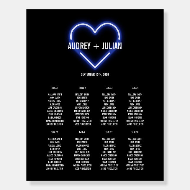 Neon Blue Heart Wedding Seating Chart Foam Board (Front)