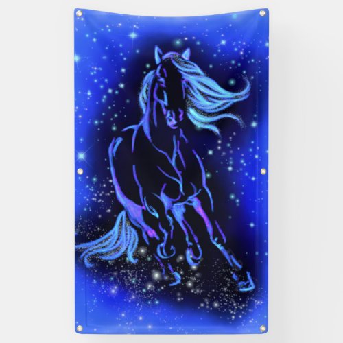 Neon Blue Horse Running At Moonlight Starry Night  Banner