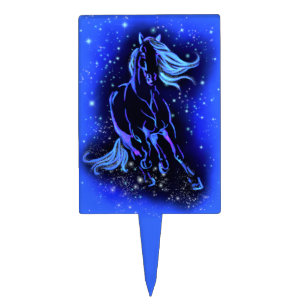 Neon Blue Horse Running At Moonlight Starry Night  Cake Topper