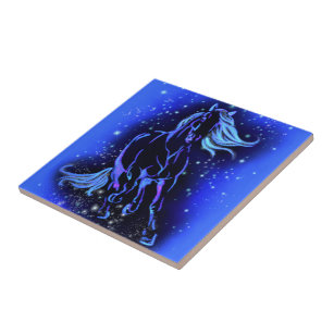 Neon Blue Horse Running At Moonlight Starry Night  Ceramic Tile