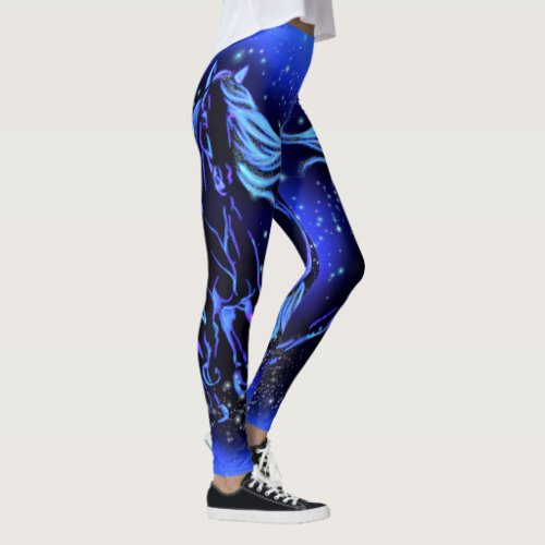 Neon Blue Horse Running At Moonlight Starry Night  Leggings