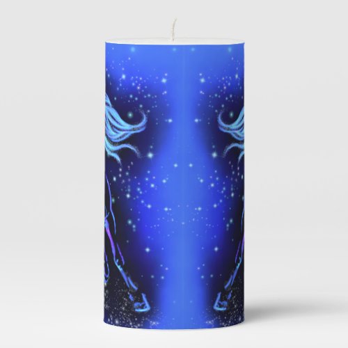 Neon Blue Horse Running At Moonlight Starry Night  Pillar Candle