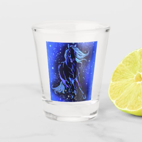 Neon Blue Horse Running At Moonlight Starry Night  Shot Glass