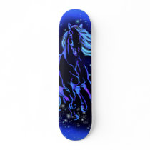 Neon Blue Horse Running At Moonlight Starry Night  Skateboard