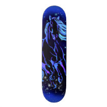 Neon Blue Horse Running At Moonlight Starry Night  Skateboard