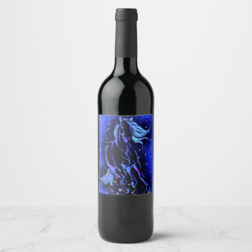 Neon Blue Horse Running At Moonlight Starry Night  Wine Label