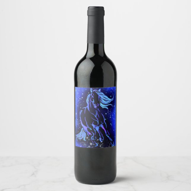Neon Blue Horse Running At Moonlight Starry Night  Wine Label (Front)