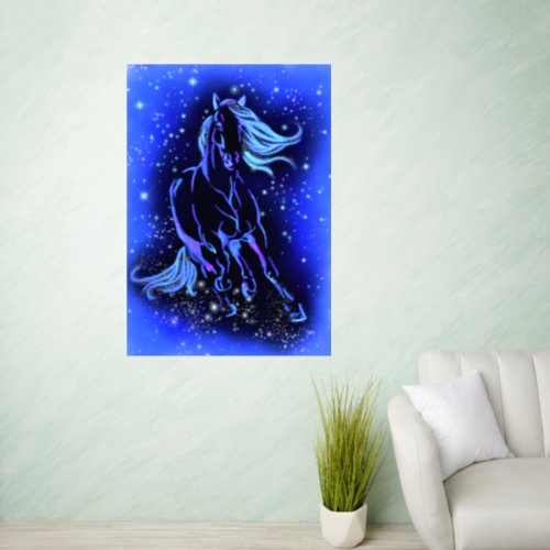 Neon Blue Horse Running At Starry Night Wall Decal