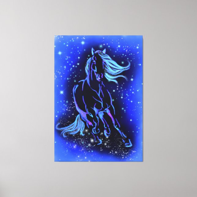 Neon Blue Horse Running Canvas Print - Painting (Front)