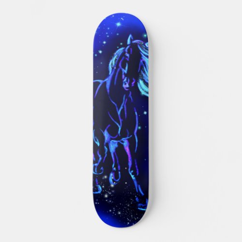 Neon Blue Horse Running In Moonlight Night Skateboard