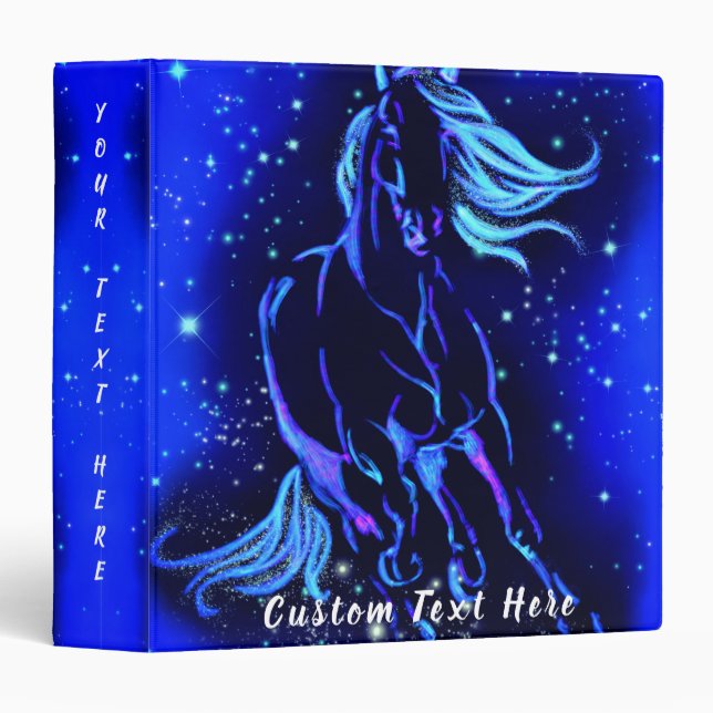 Neon Blue Horse Running In Moonlight Starry Night 3 Ring Binder (Front/Spine)