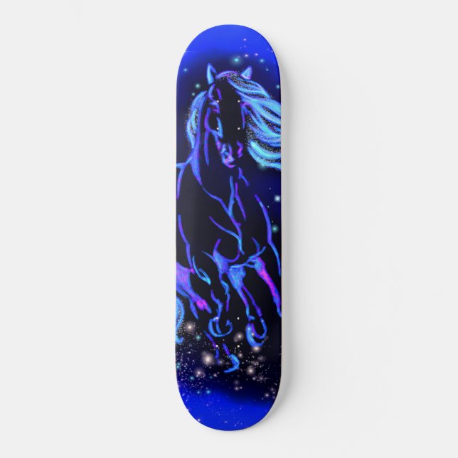 Neon Blue Horse Running In Moonlight Starry Night  Skateboard (Front)