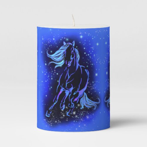 Neon Blue Horses Running At Moonlight Starry Night Pillar Candle