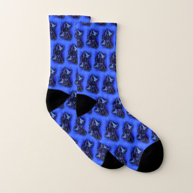 Neon Blue Horses Running At Moonlight Starry Night Socks (Pair)