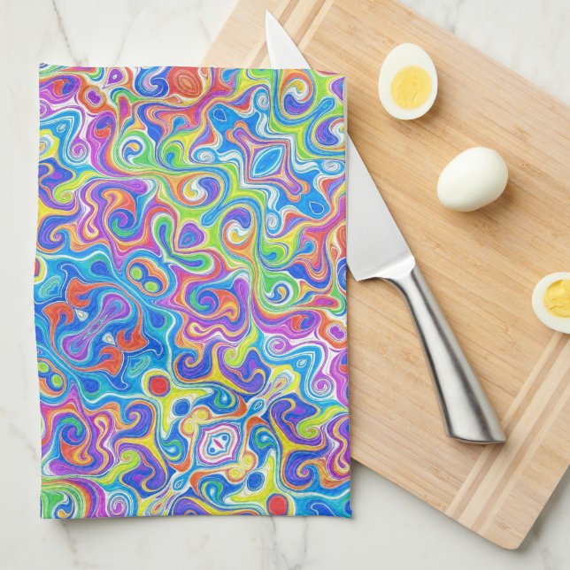 Neon Blue, Lime, Purple & Orange Swirl Pattern Kitchen Towel (Quarter Fold)