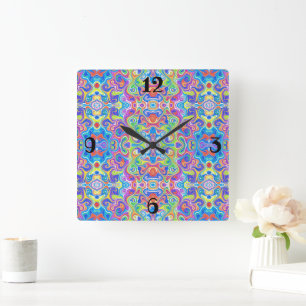 Neon Blue, Lime, Purple & Orange Swirl Pattern  Square Wall Clock