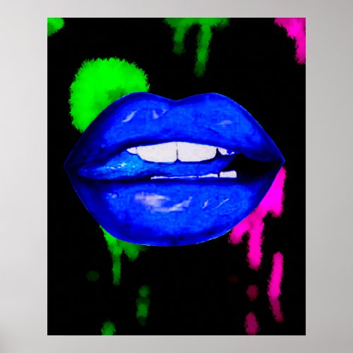 neon blue lips art print poster