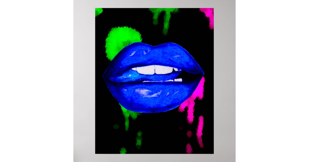 neon blue lips art print poster Zazzle
