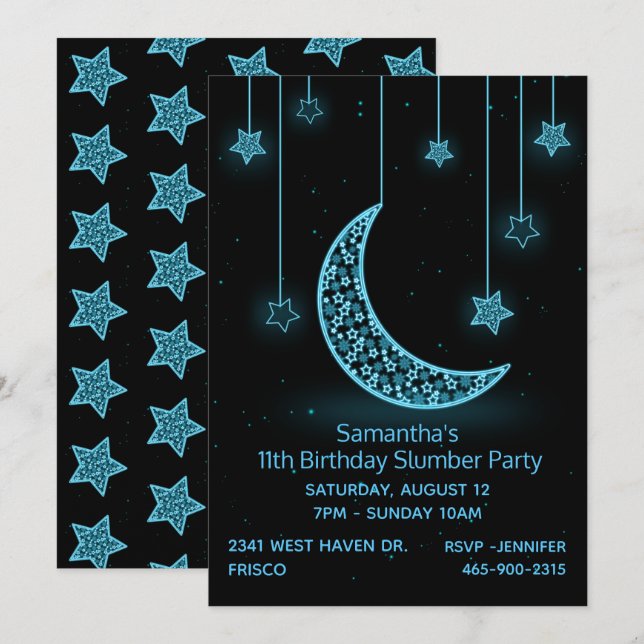 Neon Blue Moon and Stars Birthday Party Invitation (Front/Back)